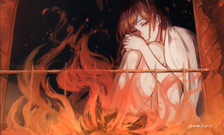 1girl, absurdres, bare_legs, bed_sheet, blanket, brown_eyes, brown_hair, fire