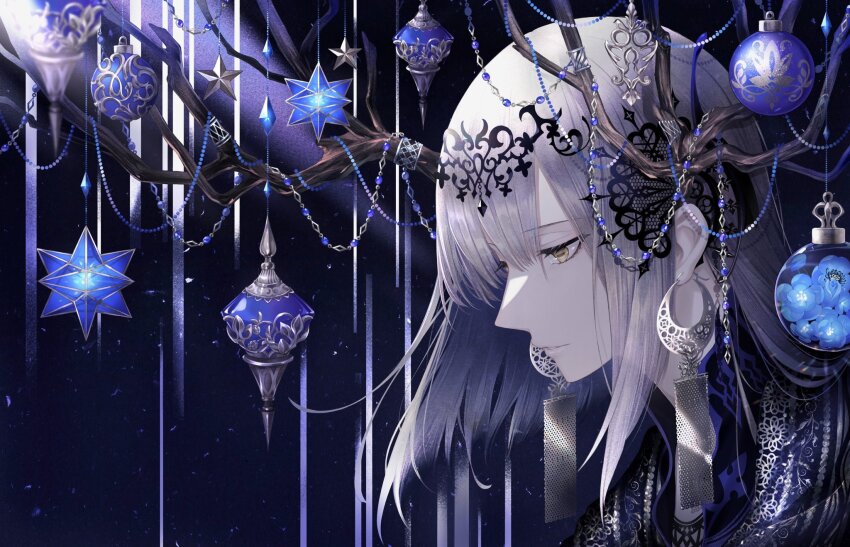 1boy, antlers, blue_flower, choppy_bangs, christmas_ornaments, earrings, flower, grey_hair