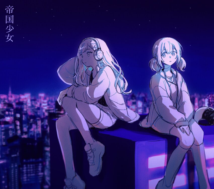2girls, azusawa_kohane, city_lights, cityscape, hair_ornament, hairclip, headphones, highres