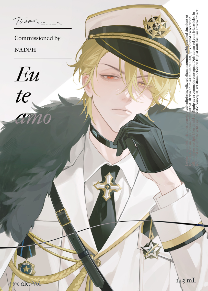 1boy, aiguillette, anouchka_cash, black_gloves, blonde_hair, fur_collar, gloves, hair_between_eyes