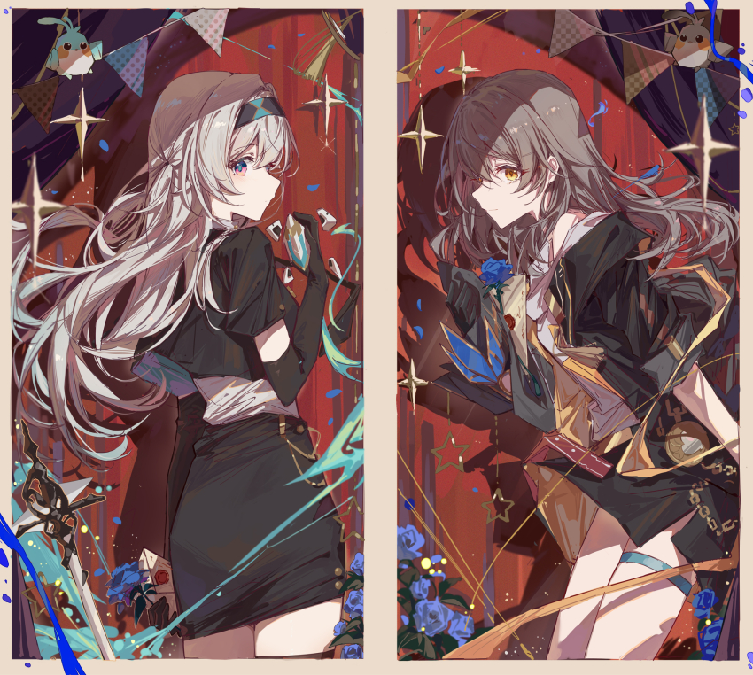 2girls, bird, black_footwear, black_gloves, black_hairband, black_jacket, black_shirt, black_skirt