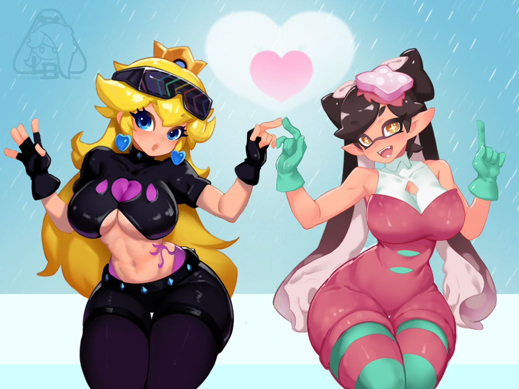2girls, alternate_costume, blonde_hair, blush, breasts, callie_(octo_idol_outfit)_(splatoon), callie_(splatoon), callie_(splatoon)_(cosplay), callie_(springfest)_(splatoon), cleavage_cutout, clothing_cutout, cosplay, crossover, eye_mask, fingerless_gloves, gloves, large_breasts, little_blood, long_hair, mario_(series), mask, multiple_girls, navel, nintendo, official_alternate_color, princess_peach, splatoon_(series), splatoon_1, splatoon_2, underboob