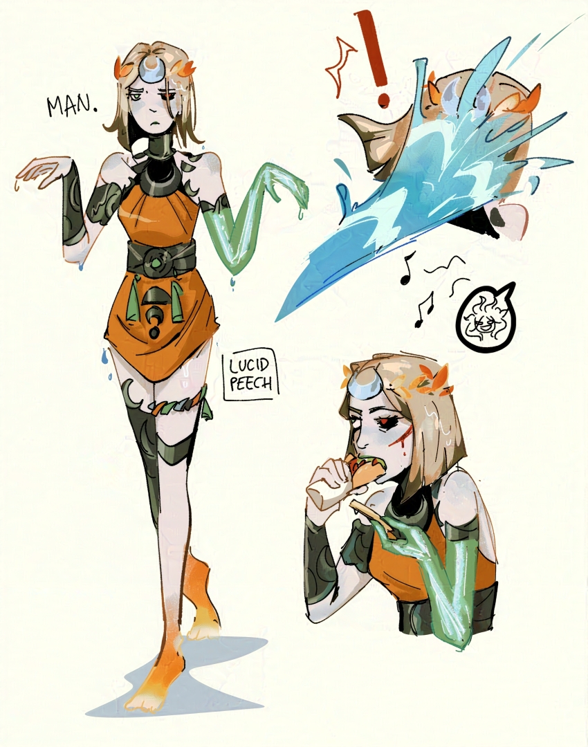 2girls, absurdres, ancient_greek_clothes, asymmetrical_arms, black_sclera, blood, bone, colored_sclera, dress, food, glowing_arm, greco-roman_clothes, green_lips, hades_(series), hades_2, highres, laurel_crown, lucidpeech, melinoe_(hades), mismatched_sclera, multiple_girls, orange_dress, see-through_body, skeletal_arm, water