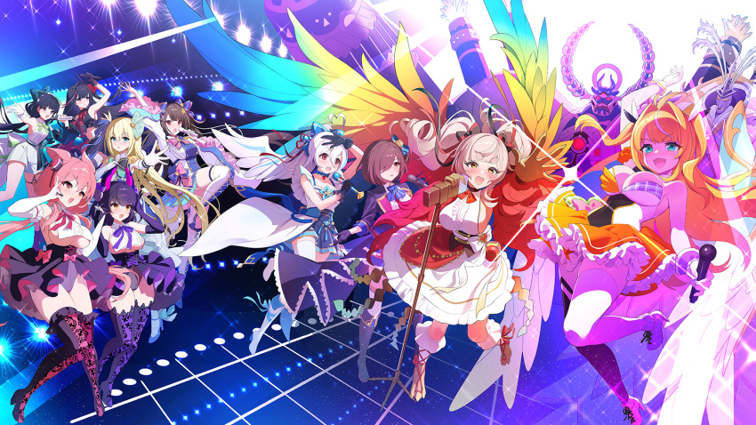 >:), 6+girls, ahoge, arm_up, ather_(monmusu_td), bird_girl, black_hair, blonde_hair