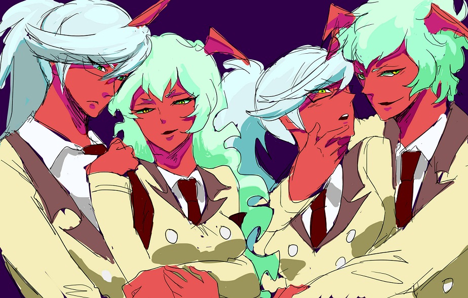 10s, 2boys, 2girls, colored_skin, daishou_(hirotoxxx), demon_boy, demon_girl, dual_persona