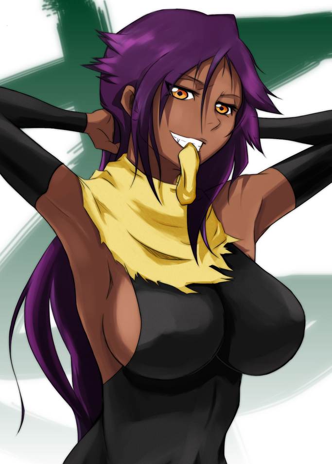 1girl, adjusting_hair, armpits, arms_behind_head, arms_up, bleach, breasts, ckros-15, dark_skin, dark-skinned_female, fang, female_focus, grin, large_breasts, long_hair, looking_at_viewer, mouth_hold, no_bra, purple_hair, scarf, shihouin_yoruichi, sideboob, smile, solo, upper_body, yellow_eyes