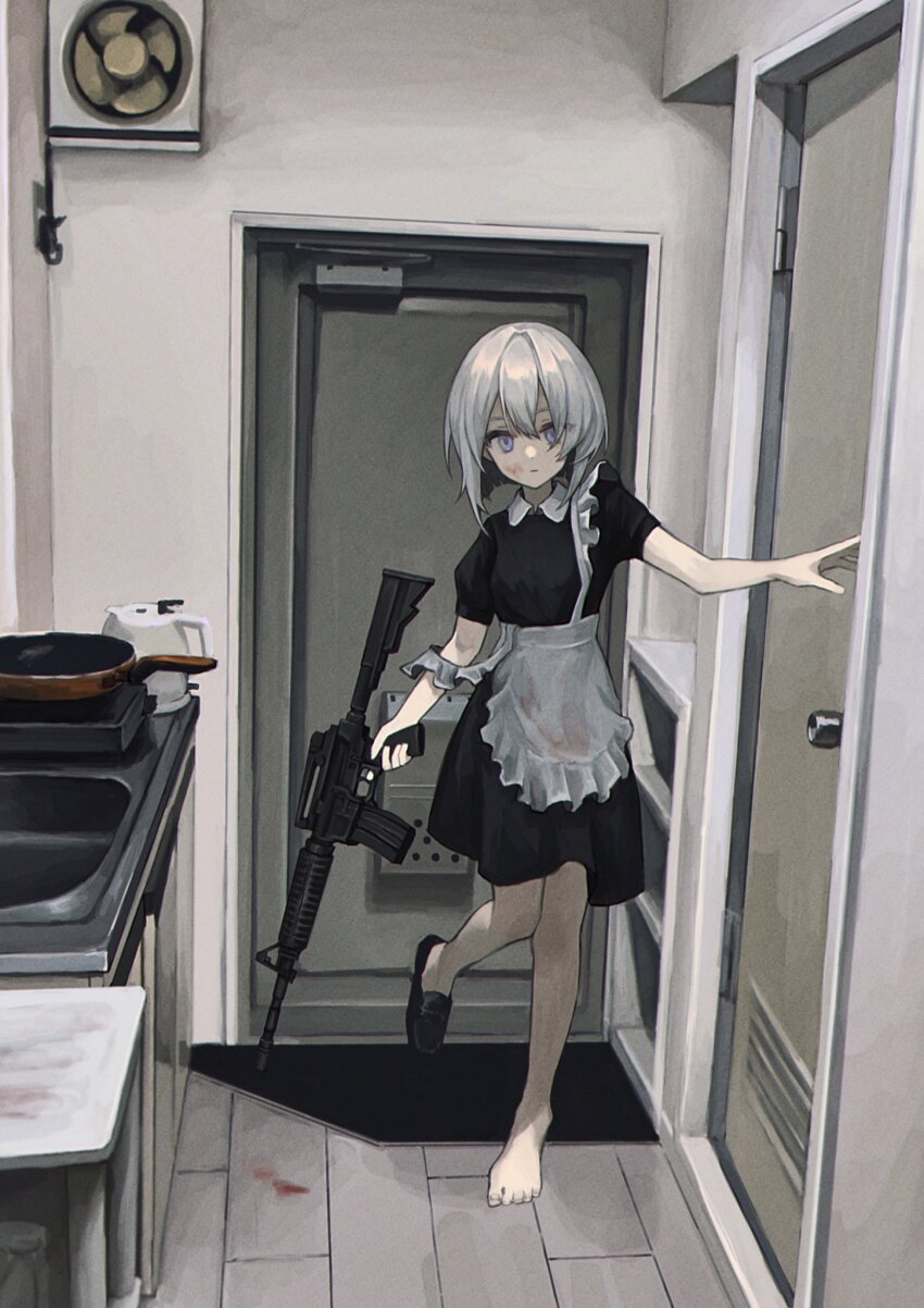 1girl, apron, assault_rifle, barefoot, black_dress, blood, blood_on_clothes, blood_on_face, blue_eyes, collared_dress, door, dress, electric_kettle, expressionless, frying_pan, full_body, gun, highres, holding, holding_gun, holding_weapon, hot_plate, indoors, kettle, kitchen, looking_at_viewer, m4_carbine, maid, no_socks, original, pale_skin, revision, rifle, shoes, short_hair, short_sleeves, single_shoe, sink, solo, standing, standing_on_one_leg, strap_slip, weapon, white_apron, white_hair, zumochi