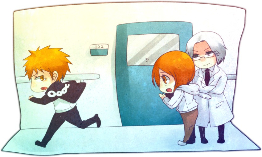 1girl, 2boys, bleach, casual, chibi, highres, hospital, inoue_orihime, ishida_ryuuken, kurosaki_ichigo, lab_coat, matching_hair/eyes, medical, multiple_boys, necktie, orange_eyes, orange_hair, running, smile, white_hair, yougirasu