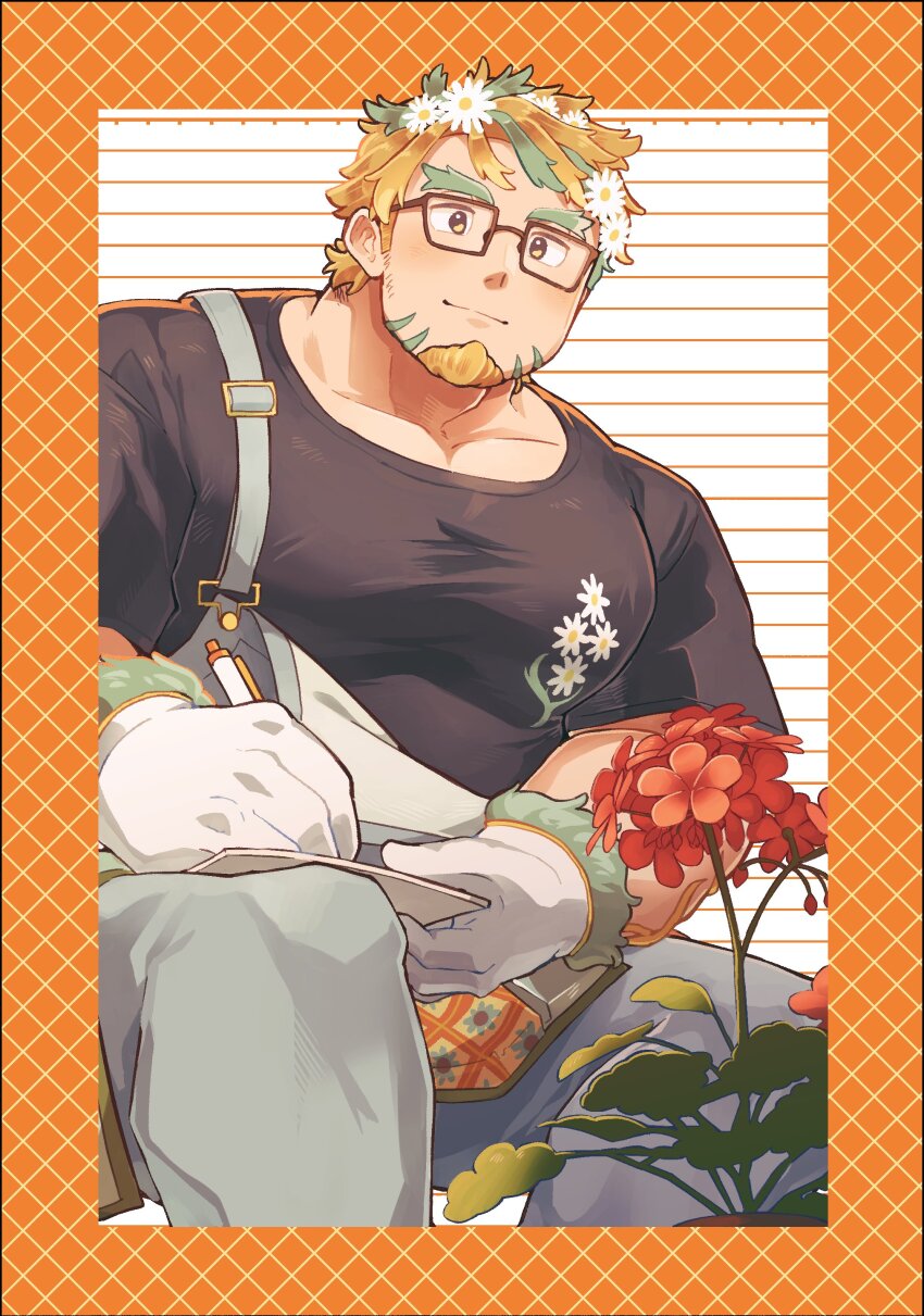 1boy, absurdres, bara, black_shirt, closed_mouth, collarbone, daisy_(flower), facial_hair