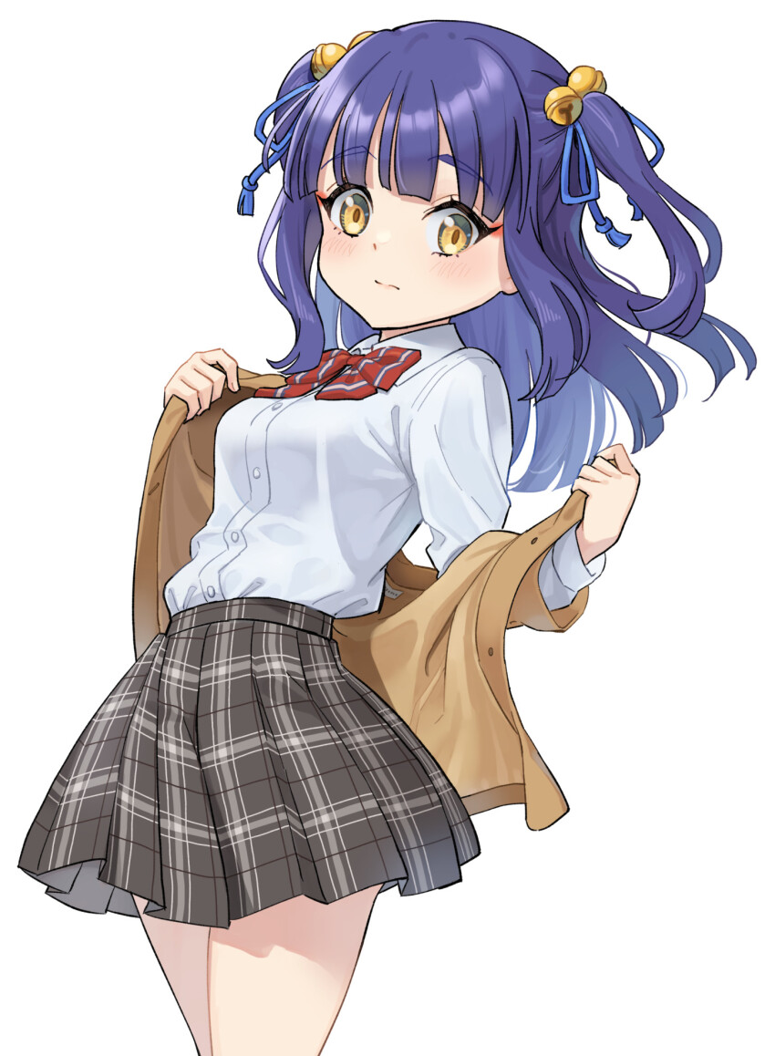 1girl, bell, blue_hair, blush, bow, bowtie, breasts, closed_mouth