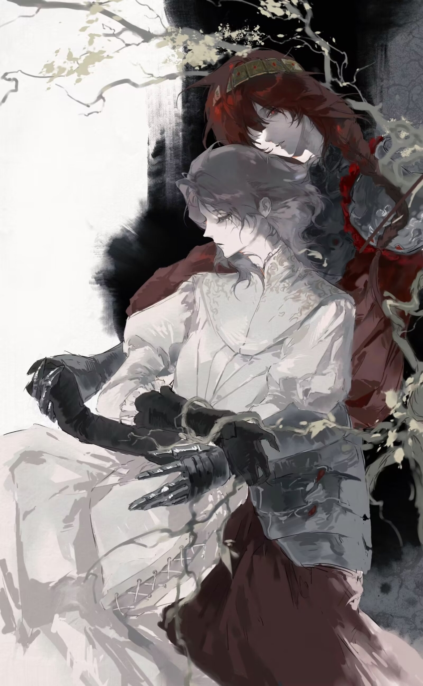 2girls, absurdres, armor, black_gloves, braid, closed_eyes, colored_skin, commission