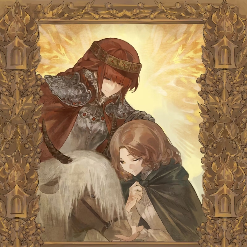 2girls, armor, artist_request, blunt_bangs, border, breastplate, brown_hair, cape