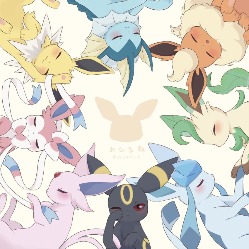 animal_focus, blonde_hair, blue_hair, blush, bow, closed_eyes, closed_mouth, colored_sclera, espeon, eyelashes, fins, flareon, gen_1_pokemon, gen_2_pokemon, gen_4_pokemon, gen_6_pokemon, glaceon, highres, jolteon, leafeon, markings, nintendo, no_humans, open_mouth, pokemon, pokemon_(creature), purple_hair, red_eyes, red_sclera, ribbon, sidelocks, smile, sylveon, umbreon, vaporeon, yuuri_(yr0471_0)
