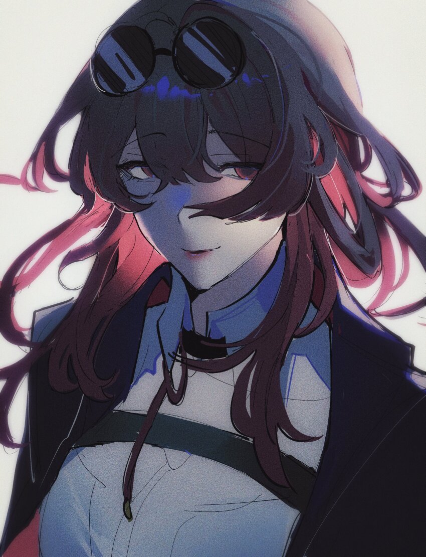 1girl, absurdres, black_jacket, collared_shirt, commentary, english_commentary, eyewear_on_head, film_grain