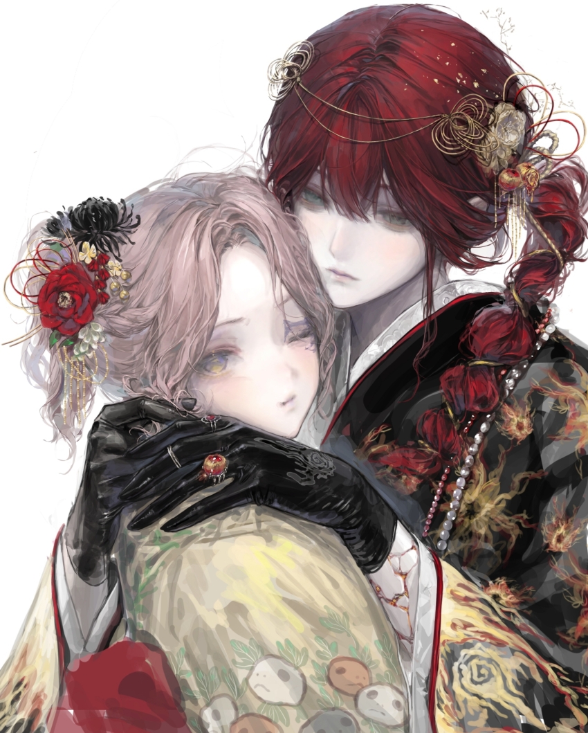 2girls, alternate_costume, alternate_hairstyle, arms_around_neck, black_flower, black_gloves, black_kimono, braid