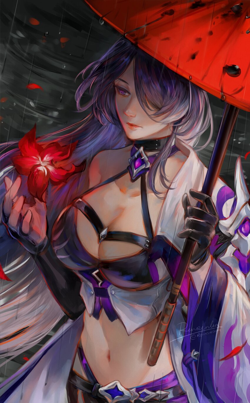 1girl, absurdres, acheron_(honkai:_star_rail), armor, artist_name, asymmetrical_gloves, belt, black_belt, black_choker, black_gloves, black_shorts, breasts, choker, cleavage, closed_mouth, coat, commentary, criss-cross_halter, diamond-shaped_pupils, diamond_(shape), english_commentary, flower, gloves, gradient_hair, hair_over_one_eye, halterneck, highres, holding, holding_umbrella, honkai:_star_rail, honkai_(series), large_breasts, long_hair, looking_at_object, midriff, multicolored_hair, navel, oil-paper_umbrella, purple_eyes, purple_hair, rain, red_flower, renrenka_noi, ripples, shorts, shoulder_armor, single_bare_shoulder, single_wide_sleeve, solo, standing, symbol-shaped_pupils, twitter_username, umbrella, upper_body, very_long_hair, water, water_drop, white_coat, white_hair