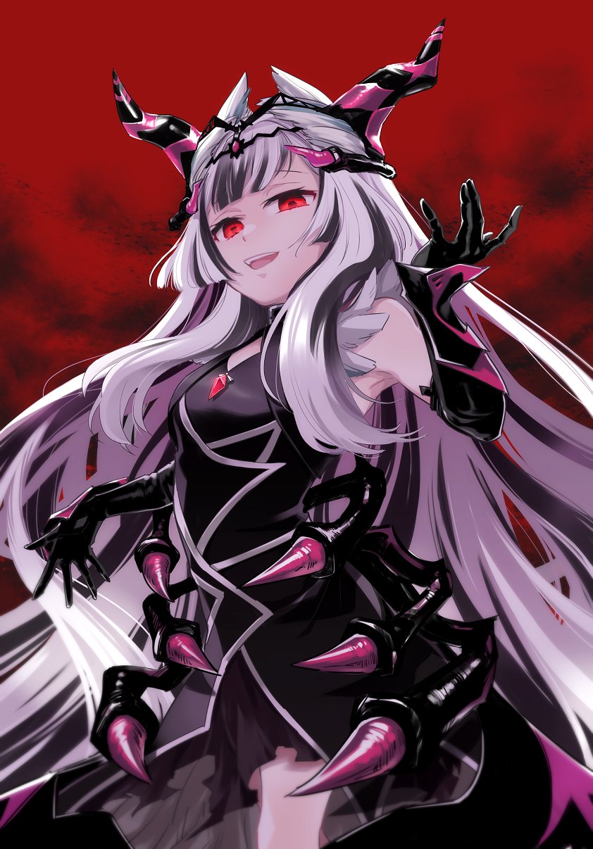 black_gloves, black_hair, blunt_bangs, dark_persona, fake_horns, feather_hair_ornament, feathers, fire_emblem, fire_emblem_engage, gloves, hair_ornament, highres, horns, kszm_fe, looking_at_viewer, nintendo, official_alternate_costume, official_alternate_eye_color, petite, veyle_(fell_successor)_(fire_emblem), veyle_(fire_emblem), white_hair