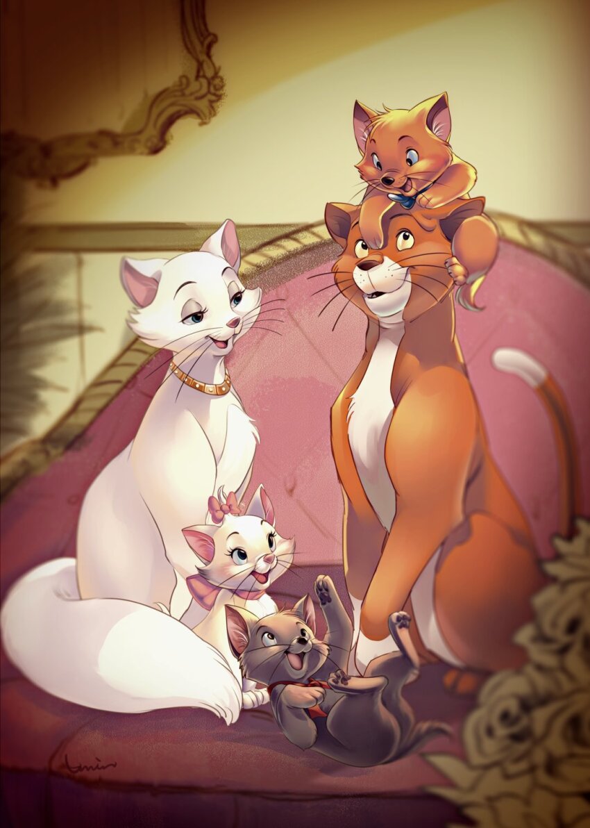 baby_animal, berlioz_(the_aristocats), blurry, blurry_foreground, cat, character_request, chidentsu, couch, disney, duchess_(the_aristocats), highres, indoors, kitten, marie_(the_aristocats), no_humans, on_couch, orange_cat, orange_fur, the_aristocats, toulouse_(the_aristocats), white_fur