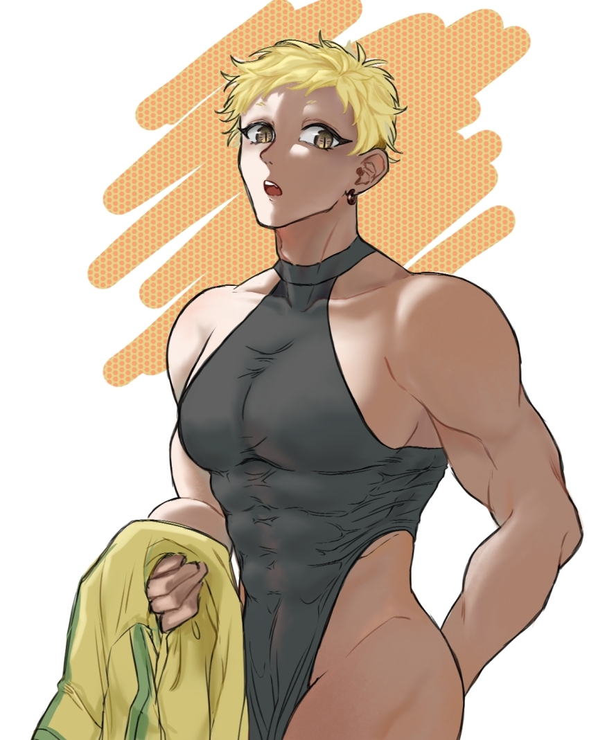 1boy, black_leotard, blonde_hair, chinese_commentary, commentary_request, covered_abs, cowboy_shot, haruno_shion, highres, holding, holding_jacket, holding_unworn_clothes, jacket, large_pectorals, leotard, luwuyuan853, male_focus, muscular, muscular_male, open_mouth, pectorals, saibou_shinkyoku, short_hair, slit_pupils, solo, teeth, unworn_jacket, upper_teeth_only, yellow_eyes, yellow_jacket