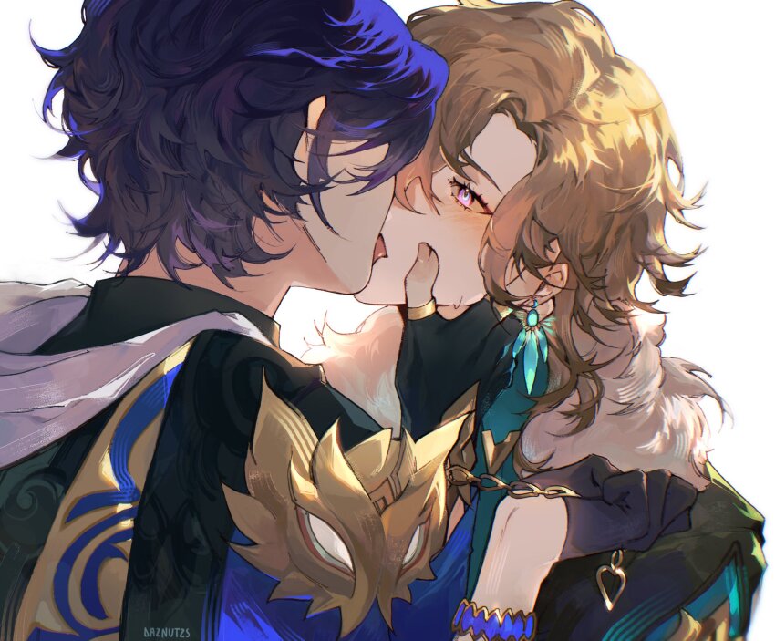 2boys, aventurine_(honkai:_star_rail), black_gloves, blonde_hair, blue_hair, bracelet, chain, daznutzs