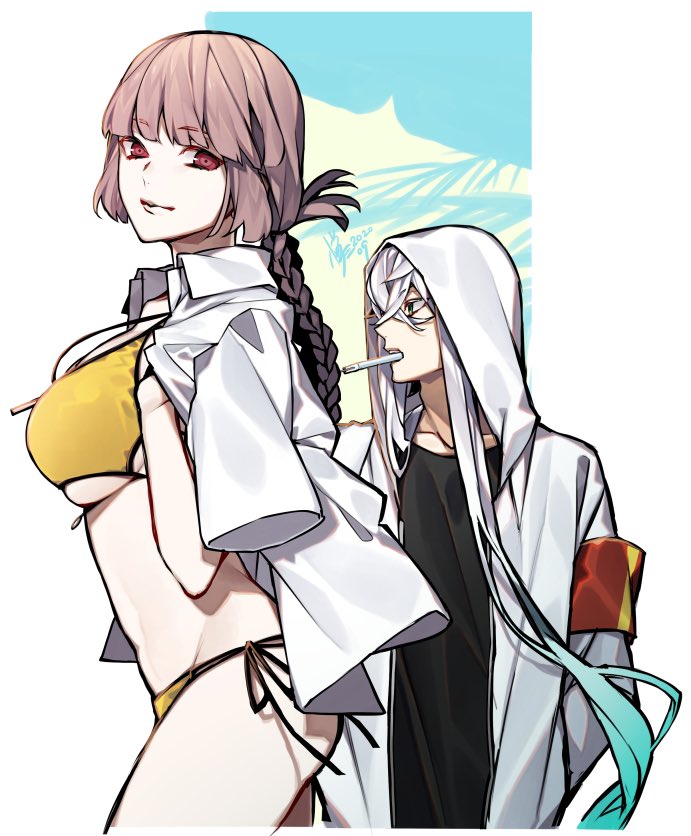 1boy, 1girl, asclepius_(fate), bikini, blue_hair, braid, breasts, crossed_bangs