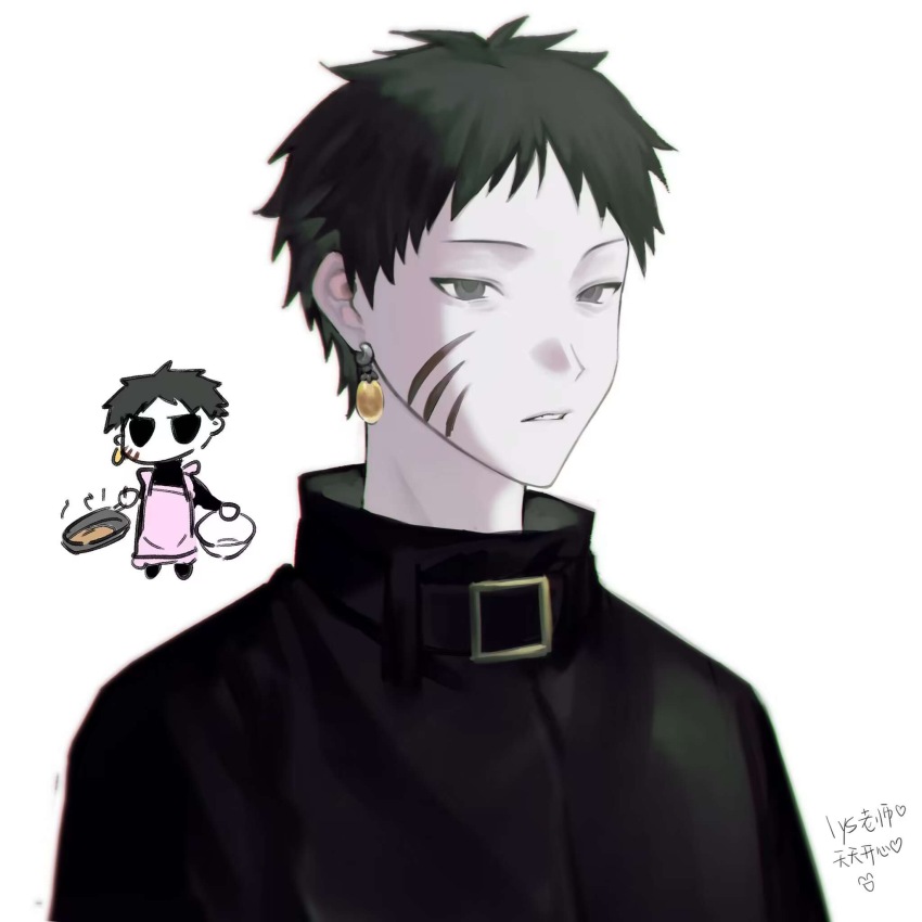 1boy, belt_buckle, black_jacket, buckle, chibi, chinese_commentary, chinese_text, dreyfus_zweig