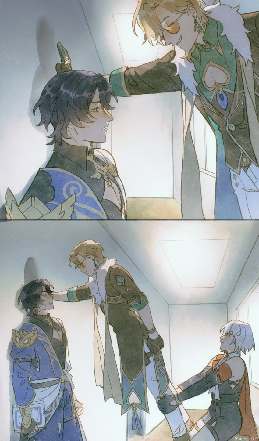 1girl, 2boys, aventurine_(honkai:_star_rail), black_gloves, blonde_hair, blue_hair, bracelet, cleavage_cutout, clothing_cutout, collar, dr._ratio_(honkai:_star_rail), earrings, gloves, highres, honkai:_star_rail, honkai_(series), human_pyramid, indoors, jewelry, kabedon, lycheelinecat, male_focus, multiple_boys, neck_tattoo, pants, short_hair, shorts, standing_on_another's_legs, sunglasses, tattoo, third_wheel, topaz_(honkai:_star_rail), white_hair, yaoi