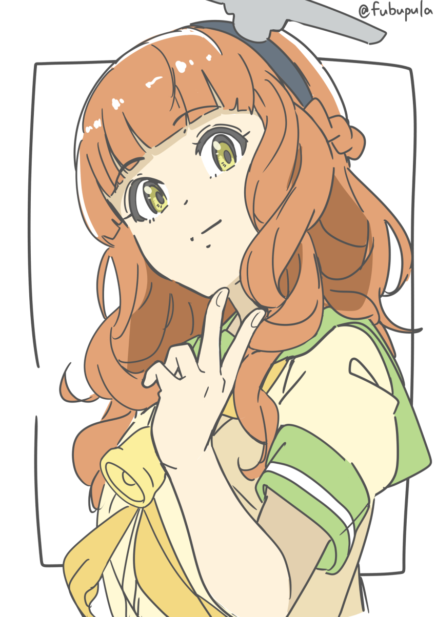 1girl, aircraft_catapult, bell, blunt_bangs, braid, brown_eyes, brown_serafuku, de_ruyter_(kancolle)