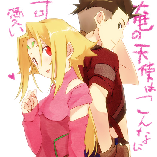 back-to-back, blonde_hair, can't_be_this_cute, detached_sleeves, facial_mark, fiona_(zoids), forehead_mark, morphine_(pixiv)