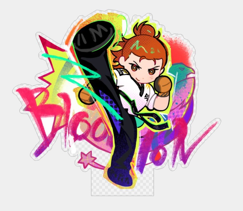 1boy, black_pants, black_sailor_collar, brown_eyes, chibi, dougi, hair_bun, hwoarang_(tekken), male_focus, orange_hair, pants, pigpotato_talon, sailor_collar, shirt, simple_background, solo, tekken, tekken_8, white_background, white_shirt