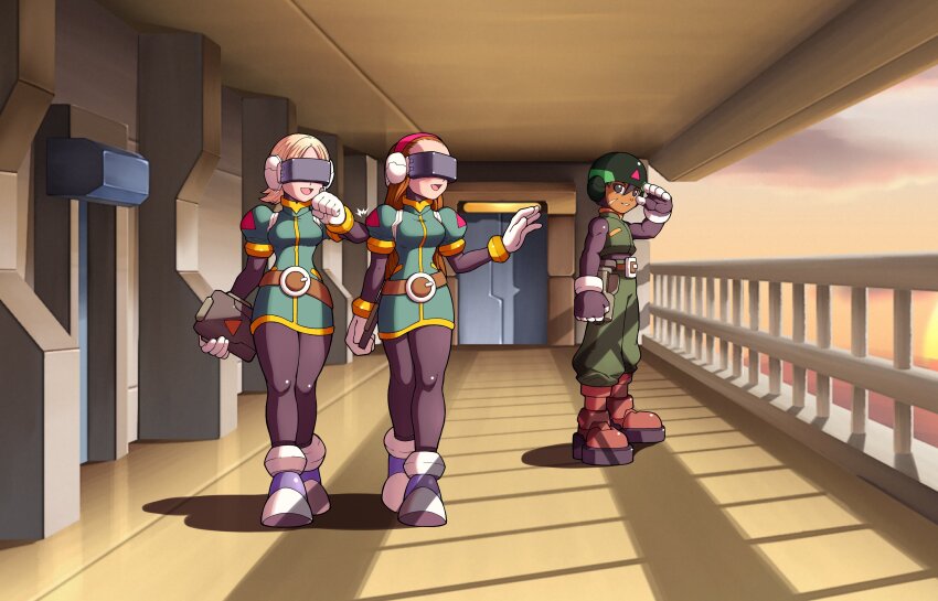 1boy, 2girls, absurdres, black_bodysuit, blonde_hair, bodysuit, bodysuit_under_clothes, breasts