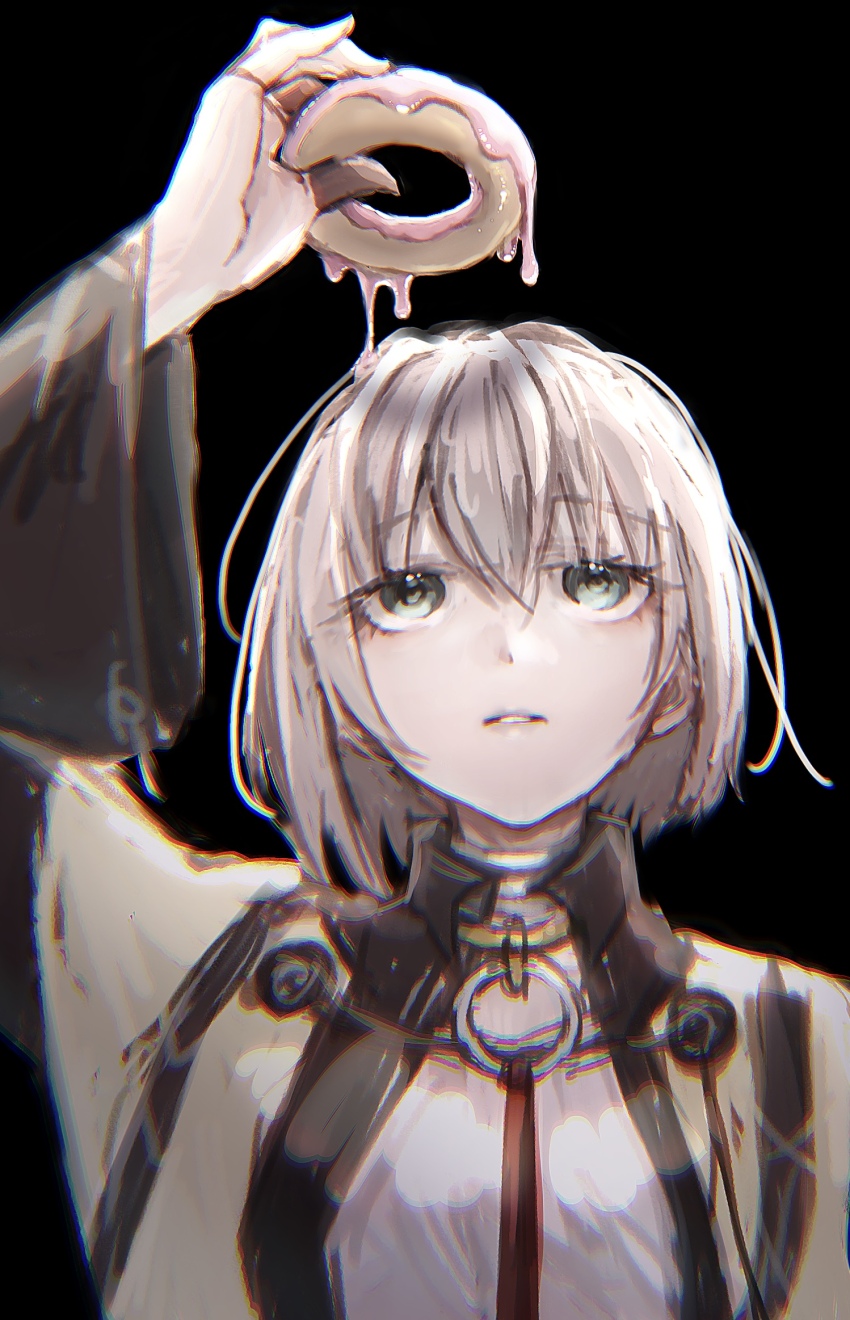 1girl, aqua_eyes, arm_up, black_background, caligula_(series), caligula_2, capelet, danu_(nnunu_d)