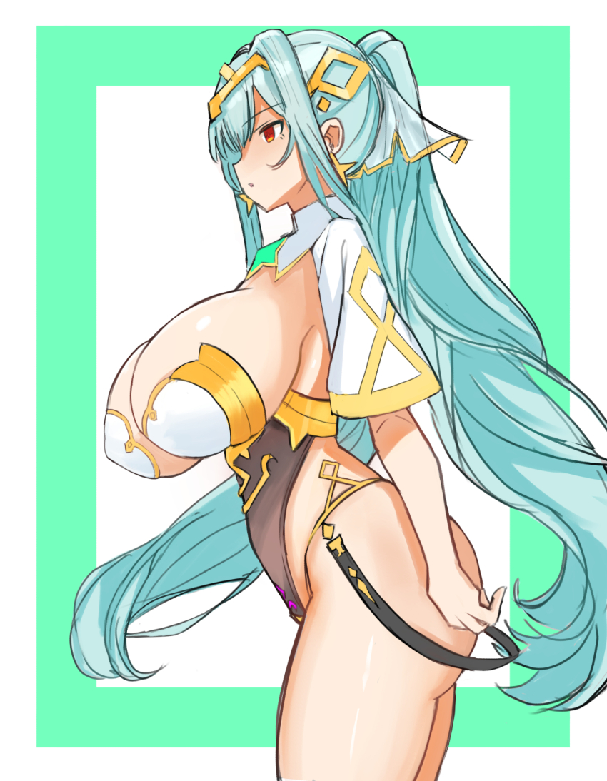 1girl, aqua_hair, arms_at_sides, border, breasts, cowboy_shot, epic_seven, expressionless