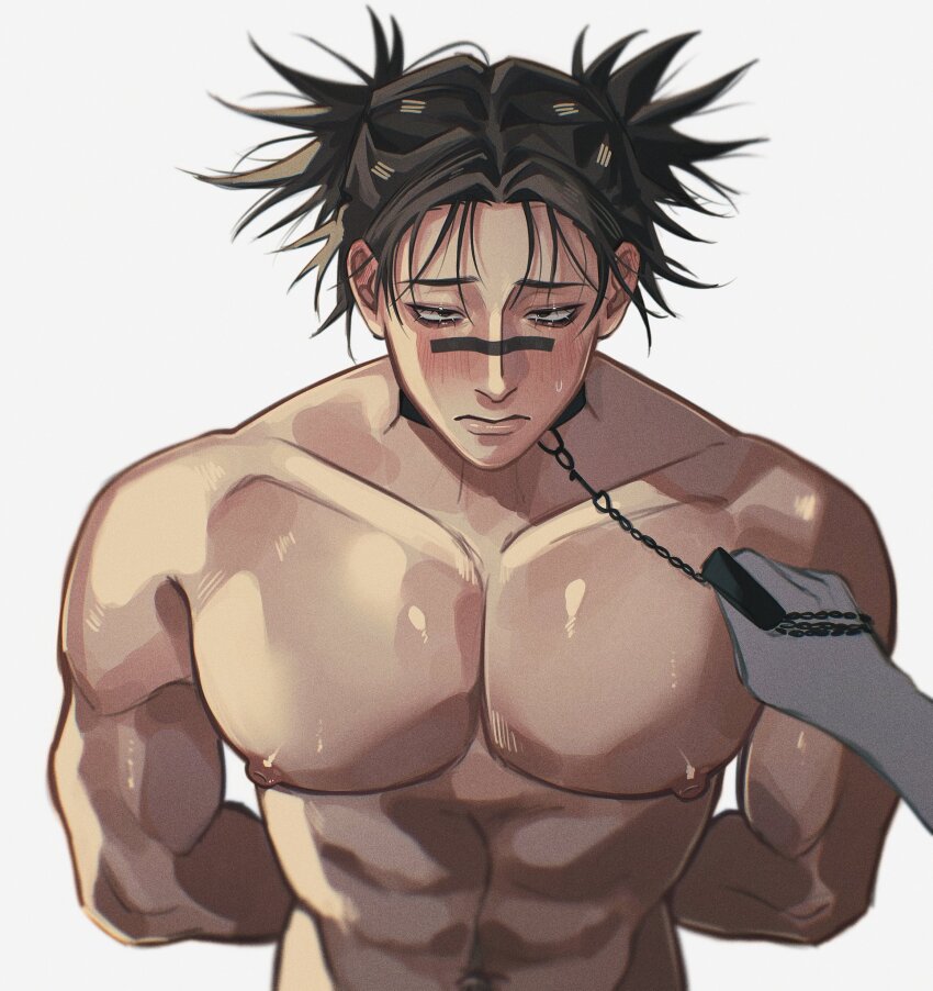 1boy, 1other, abs, bara, black_eyes, black_hair, blush, chain, chain_leash, choso_(jujutsu_kaisen), collarbone, double_bun, hair_bun, highres, jujutsu_kaisen, leash, light_frown, male_focus, muscular, muscular_male, navel, nipples, nude, pectorals, sweatdrop, ushy_(narutoss_ramen), white_background