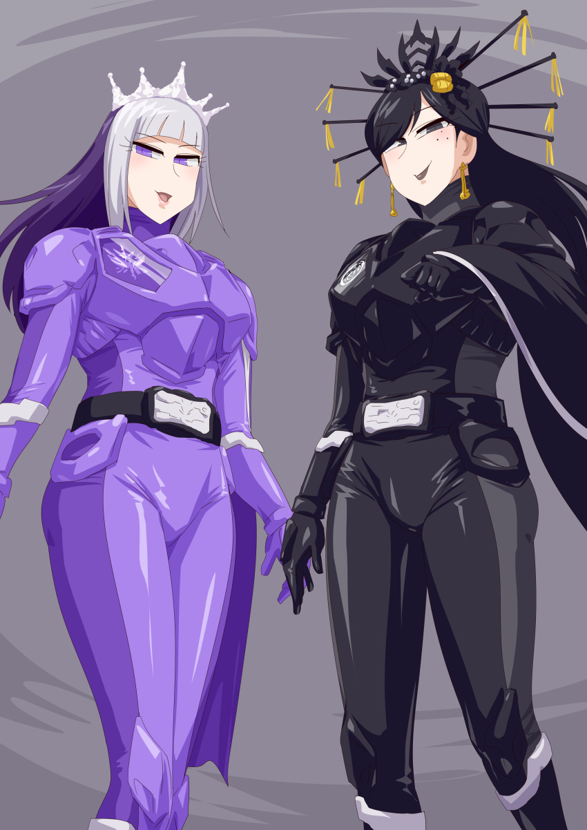 2girls, absurdres, black_hair, bodysuit, crown, highres, iroki, karras, multiple_girls, missing_headwear, ohsama_sentai_king-ohger, otokamu, purple_eyes, silver_and_purple_hair, super_sentai