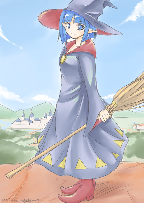 1girl, blue_eyes, blue_hair, blush, broom, castle, dated, dress