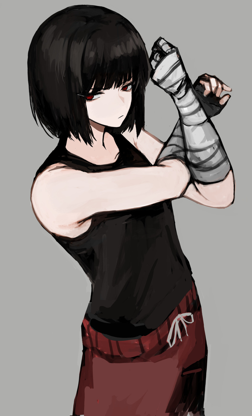 1girl, absurdres, badnick69_(camchi), bandaged_arm, bandaged_hand, bandages, black_hair, black_shirt
