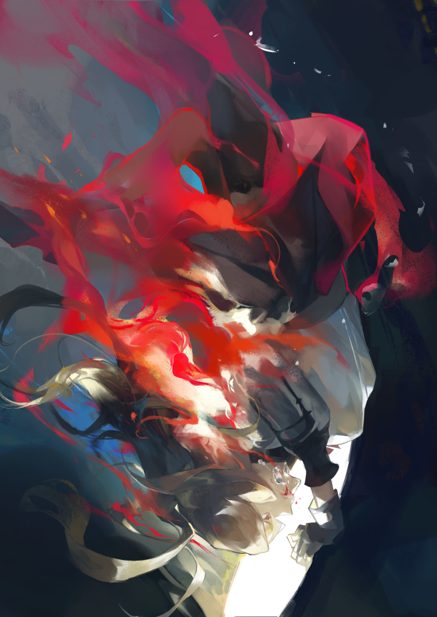 1girl, absurdres, akmtakira, black_background, black_boots, black_gloves, black_pants, blood, blood_on_face, boots, burning, chinese_commentary, commentary_request, debris, embers, forever_7th_capital, full_body, gloves, highres, jacket, long_sleeves, pants, pointing, pointy_ears, red_eyes, rena_the_champion, solo, upside-down, white_hair, white_jacket, white_sleeves