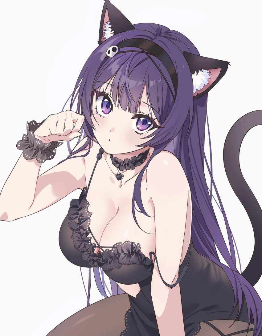 1girl, animal_ears, bare_shoulders, black_dress, black_garter, black_hairband, black_pantyhose, blush, breasts, cat_ears, cat_tail, cleavage, clothing_cutout, collarbone, commission, cowboy_shot, dress, fake_animal_ears, fake_tail, hair_between_eyes, hair_ornament, hairband, hand_up, heart_pendant, highres, large_breasts, leaning_forward, long_hair, looking_at_viewer, moya_(toatomoot), neck_garter, original, pantyhose, paw_pose, purple_eyes, purple_hair, sidelocks, simple_background, skeb_commission, skull_hair_ornament, sleeveless, sleeveless_dress, solo, stomach_cutout, straight_hair, strap_slip, tail, white_background