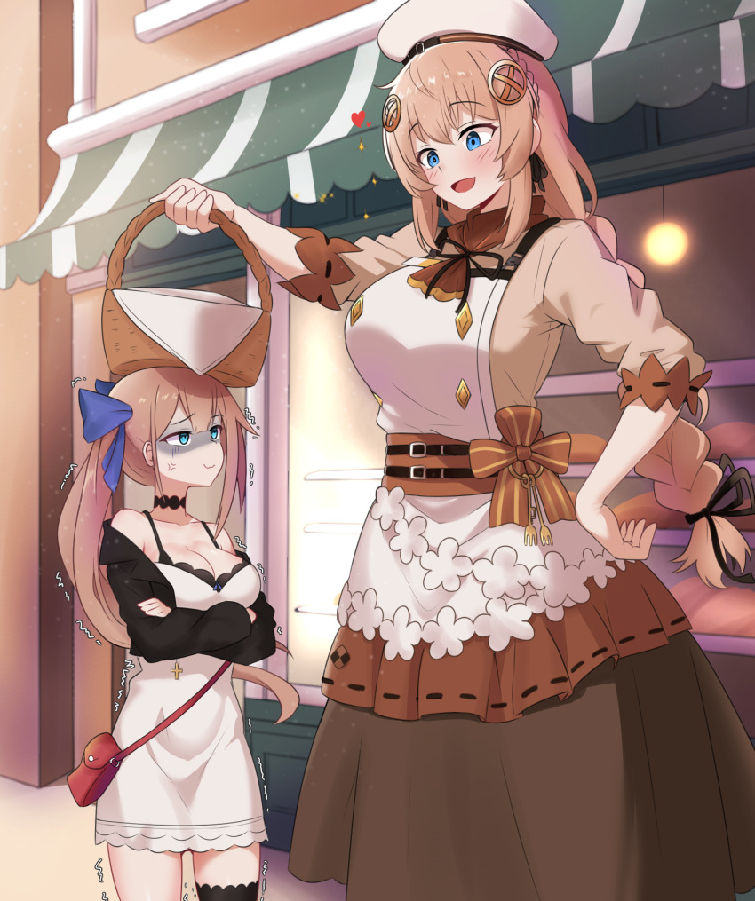 2girls, amogan, angry, apron, blonde_hair, blue_eyes, blush, breasts, choco_(neural_cloud), commission, fal_(girls'_frontline), fnc_(girls'_frontline), giant, giantess, girls'_frontline, girls'_frontline_neural_cloud, hair_ribbon, hat, highres, large_breasts, long_hair, multiple_girls, pixiv_commission, ribbon, shaded_face, skirt, smile, tall_female, trembling