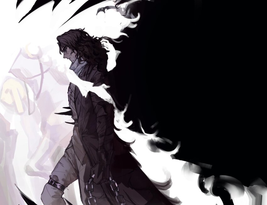 1boy, 1girl, black_coat, black_hair, black_vs_white, catherine_(project_moon), chain, chanil_(muexlku)