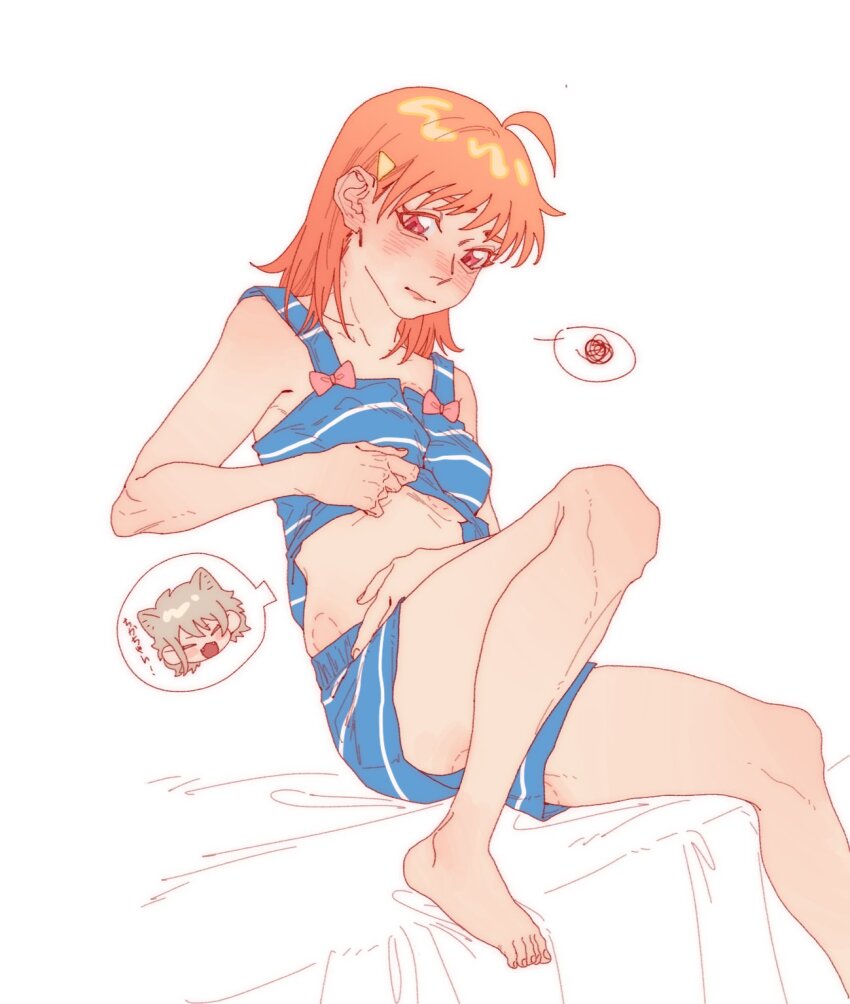 1girl, ahoge, bare_legs, bare_shoulders, barefoot, bite_mark, bite_mark_on_breast, bite_mark_on_thigh, blue_shorts, blue_tank_top, blush, breasts, closed_mouth, commentary, highres, implied_yuri, jiguang_haibao, love_live!, love_live!_sunshine!!, medium_breasts, medium_hair, on_bed, orange_hair, red_eyes, shorts, sitting, solo, spoken_character, spoken_squiggle, squiggle, takami_chika, tank_top, underboob, watanabe_you