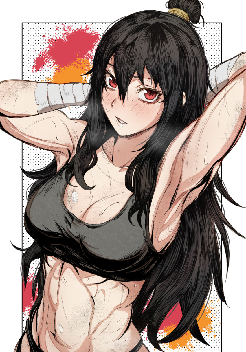 1girl, abs, arm_wrap, armpits, arms_behind_head, arms_up, bare_shoulders, black_border, black_bra, black_hair, black_panties, blush, border, bra, breasts, cleavage, collarbone, commentary, english_commentary, greyscale, hair_between_eyes, highres, library_of_ruina, long_hair, looking_at_viewer, medium_breasts, midriff, monochrome, muscular, muscular_female, navel, nb8c, open_mouth, outside_border, panties, parted_lips, project_moon, red_eyes, sidelocks, simple_background, solo, sports_bra, spot_color, stomach, sweat, toned, toned_female, underwear, upper_body, very_long_hair, white_background, xiao_(project_moon)