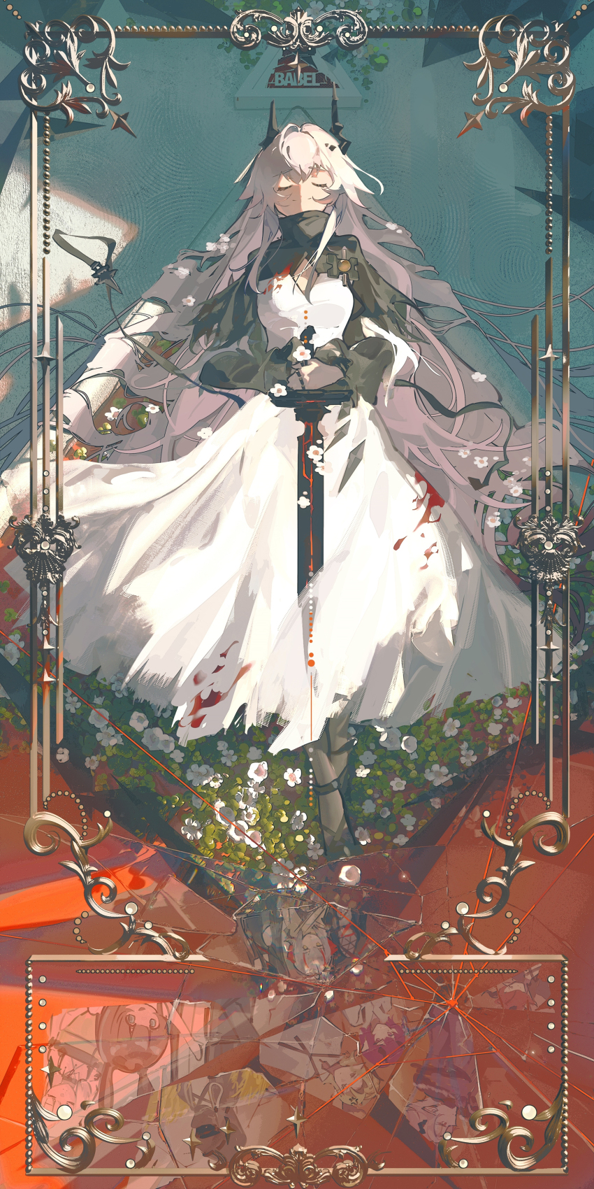1girl, absurdly_long_hair, absurdres, amiya_(arknights), amiya_(young)_(arknights), arknights, black_dress, blood, blood_on_clothes, border, cleavage_cutout, closed_eyes, closed_mouth, clothing_cutout, collared_dress, doctor_(arknights), dress, facing_viewer, flower, full_body, glass, highres, holding, holding_sword, holding_weapon, horns, inset_border, kal'tsit_(arknights), long_dress, long_hair, long_sleeves, lying, on_back, ornate_border, own_hands_together, shattered, sleeping, smile, solo_focus, sword, theresis_(arknights), toto_(caaaaarrot), two-tone_dress, very_long_hair, w_(arknights), wavy_hair, weapon, white_dress, white_flower, white_hair