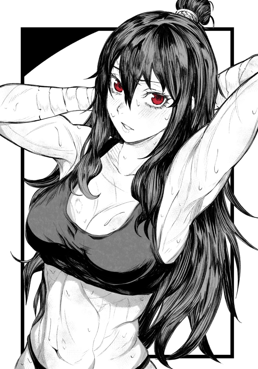 1girl, abs, arm_wrap, armpits, arms_behind_head, arms_up, bare_shoulders, black_border, black_bra, black_hair, black_panties, blush, border, bra, breasts, cleavage, collarbone, commentary, english_commentary, greyscale, hair_between_eyes, highres, library_of_ruina, long_hair, looking_at_viewer, medium_breasts, midriff, monochrome, muscular, muscular_female, navel, nb8c, open_mouth, outside_border, panties, parted_lips, project_moon, red_eyes, sidelocks, simple_background, solo, sports_bra, spot_color, stomach, sweat, toned, toned_female, underwear, upper_body, very_long_hair, white_background, xiao_(project_moon)