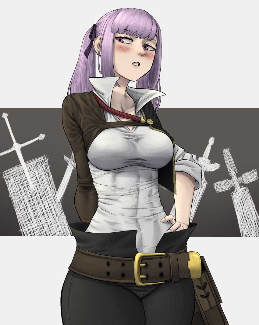 1girl, absurdres, asta_(black_clover)_(cosplay), belt, belt_buckle, black_clover, blush, buckle