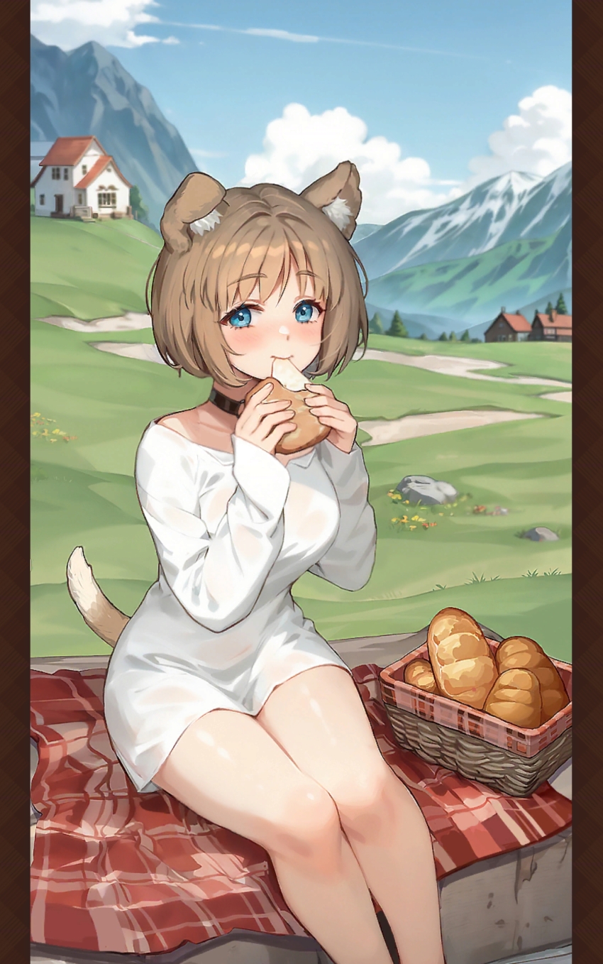absurdres, animal_ears, blue_eyes, bread, brown_hair, collar, dog_ears, dog_tail, food, gina, gina_(isekai:_slow_life), highres, isekai:_slow_life, picnic, picnic_basket, picnic_blanket, tail