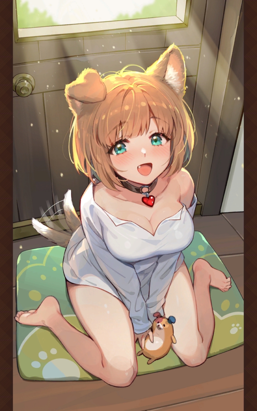 absurdres, animal_ears, blue_eyes, brown_hair, collar, dog_ears, dog_tail, gina, gina_(isekai:_slow_life), highres, isekai:_slow_life, shirt, tail, tail_wagging, white_shirt