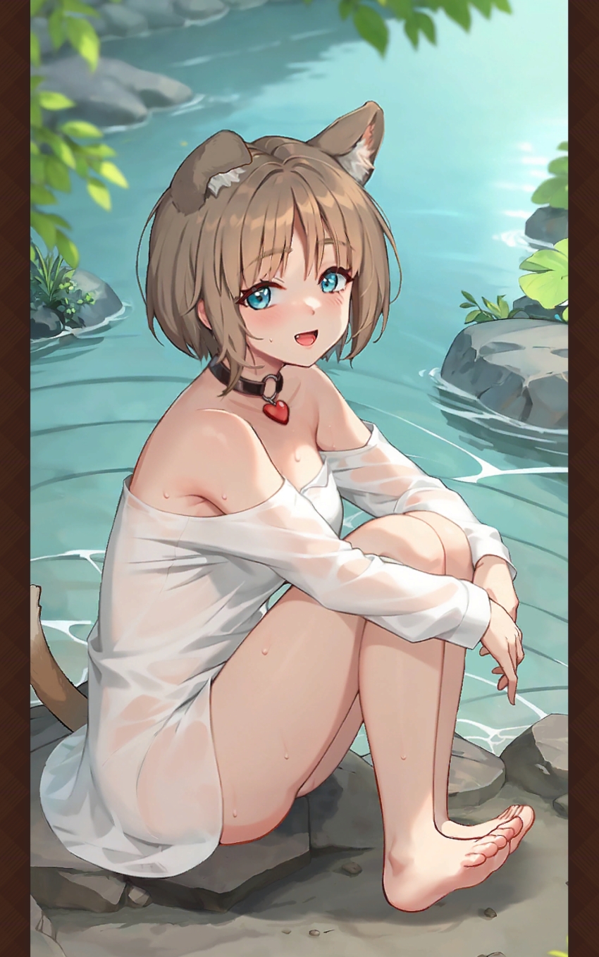 absurdres, animal_ears, blue_eyes, brown_hair, collar, dog_ears, dog_tail, gina, gina_(isekai:_slow_life), highres, isekai:_slow_life, shirt, tail, wet, wet_clothes, wet_shirt, white_shirt