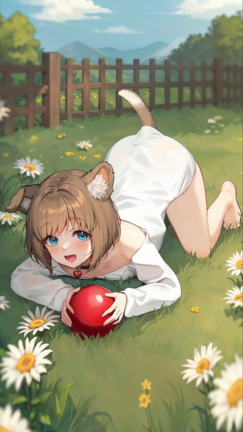 animal_ears, blue_eyes, brown_hair, collar, dog_ears, dog_tail, gina, gina_(isekai:_slow_life)